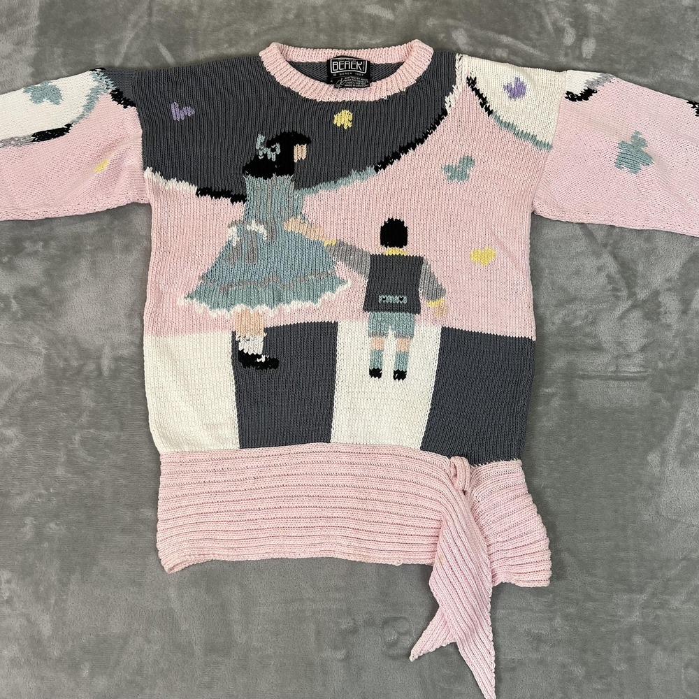 Vintage Berek Sweater Womens Large Pink Hand Knit Graphic Art Tunic Tie Hem 80s